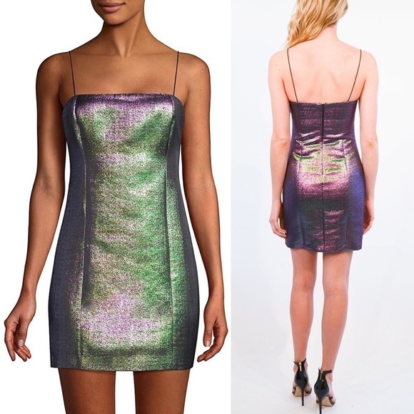 NWT LIKELY 90s Square Neck Sleeveless Color Shift Lurex Mini Slip Sheath Dress 6 - Picture 6 of 11